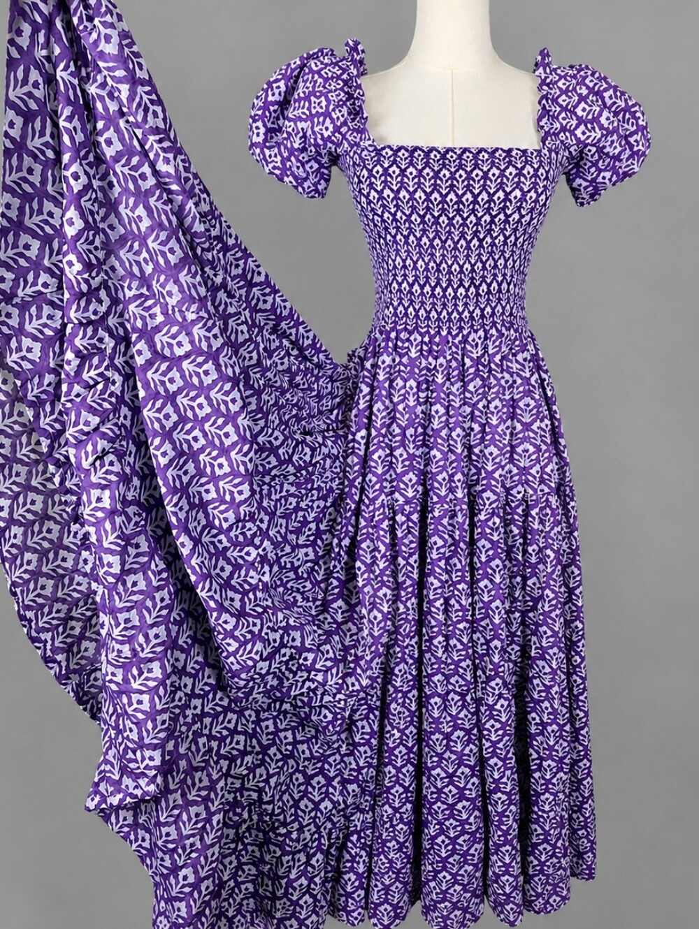 Lilbelle Cotton Smocked Puff Sleeve Maxi Dress Cottagecore Boho Prairie One Size